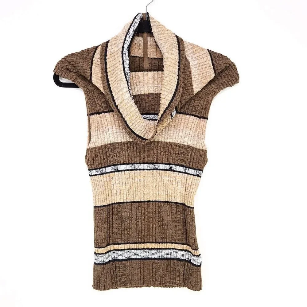 Free People Striped Cowl Neck Top SLarge Blouse Linen Blend Off Shoulder Ribbed - Picture 2 of 12